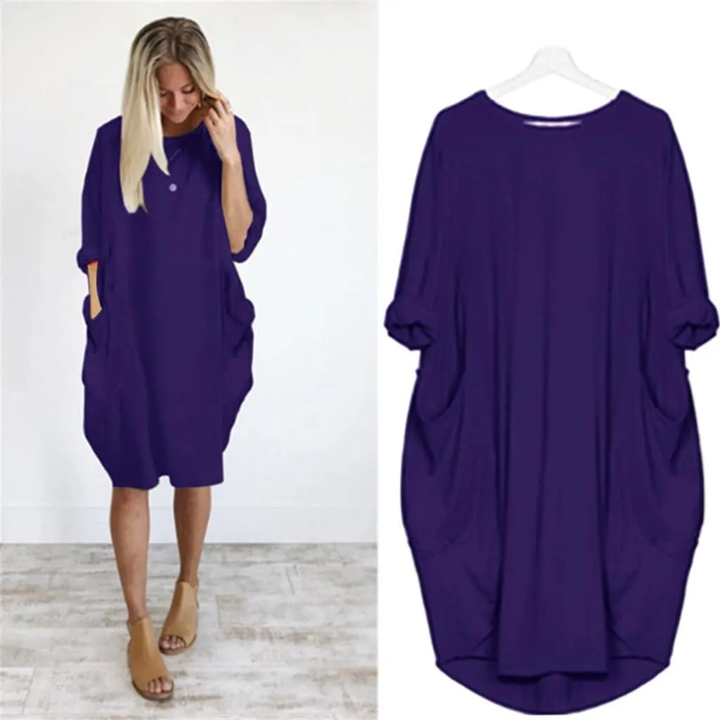 Plus Size Dresses for Women Summer Loose Crew Neck Long Sleeve Midi Dress Basic Solid Color Top Dress with Pockets