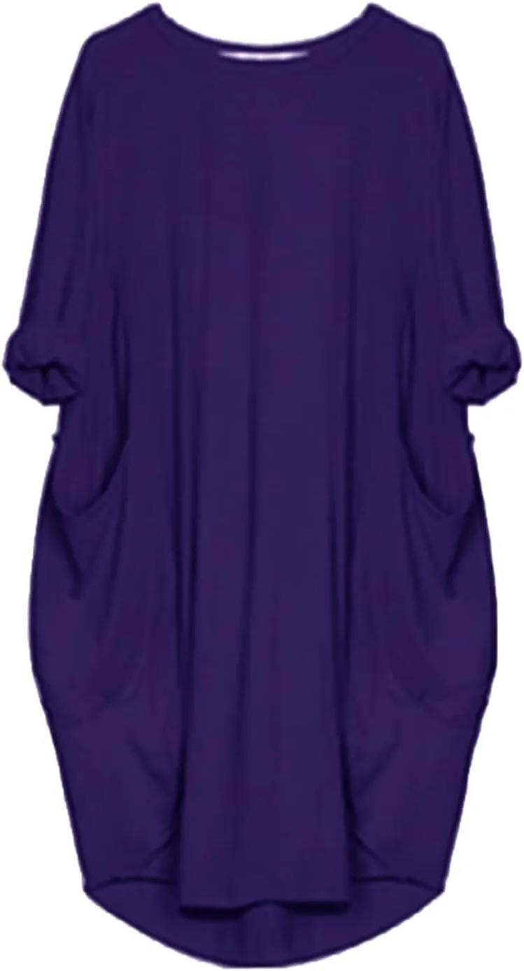 Plus Size Dresses for Women Summer Loose Crew Neck Long Sleeve Midi Dress Basic Solid Color Top Dress with Pockets