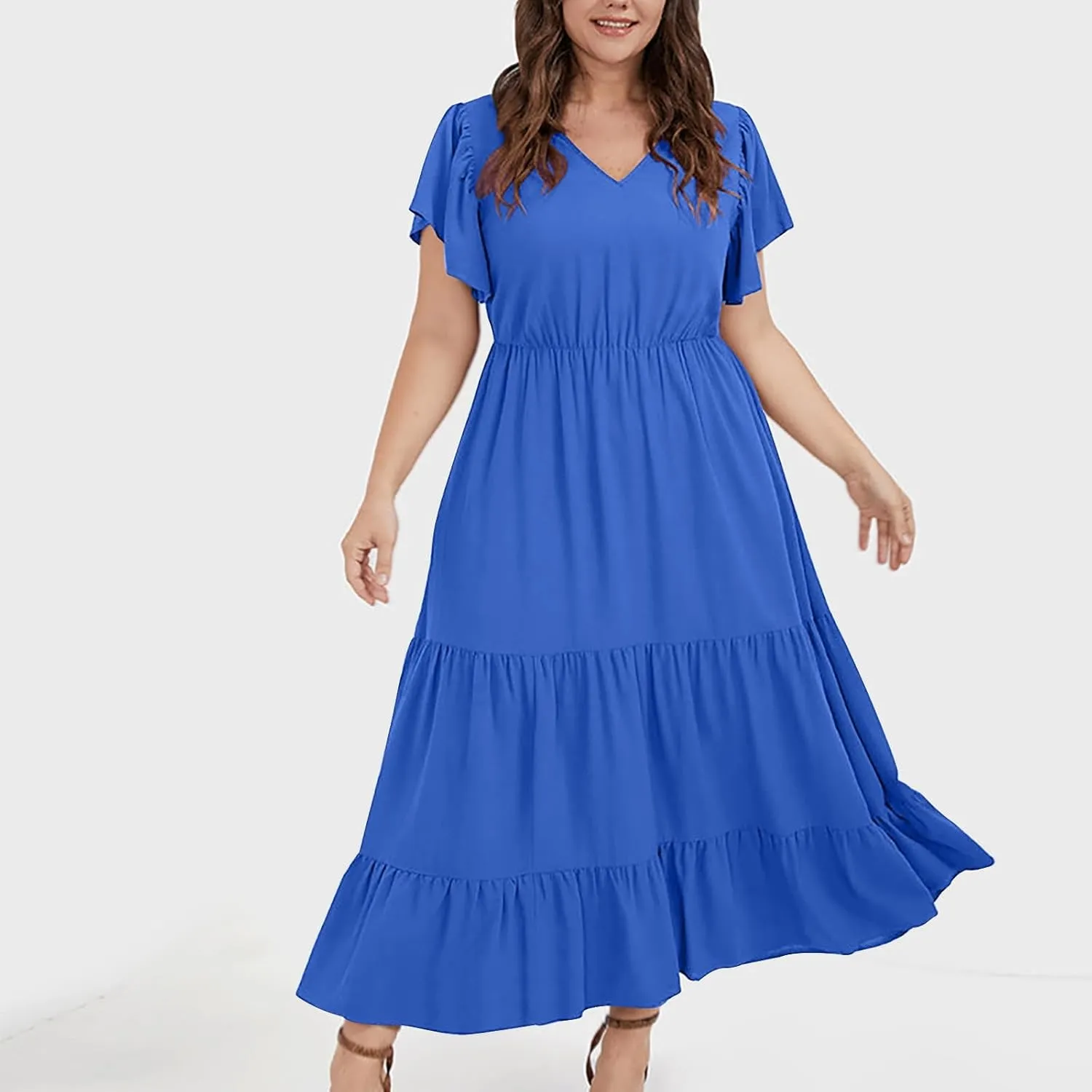 Plus Size Dresses for Women Summer V Neck Ruffle Short Sleeve Maxi Dress Summer Tummy Control Pleated Hem Sundress