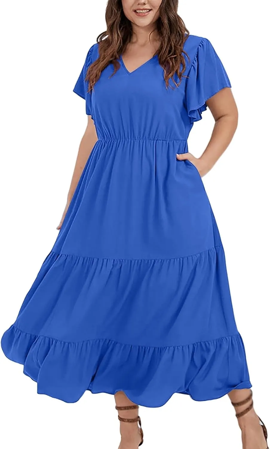 Plus Size Dresses for Women Summer V Neck Ruffle Short Sleeve Maxi Dress Summer Tummy Control Pleated Hem Sundress