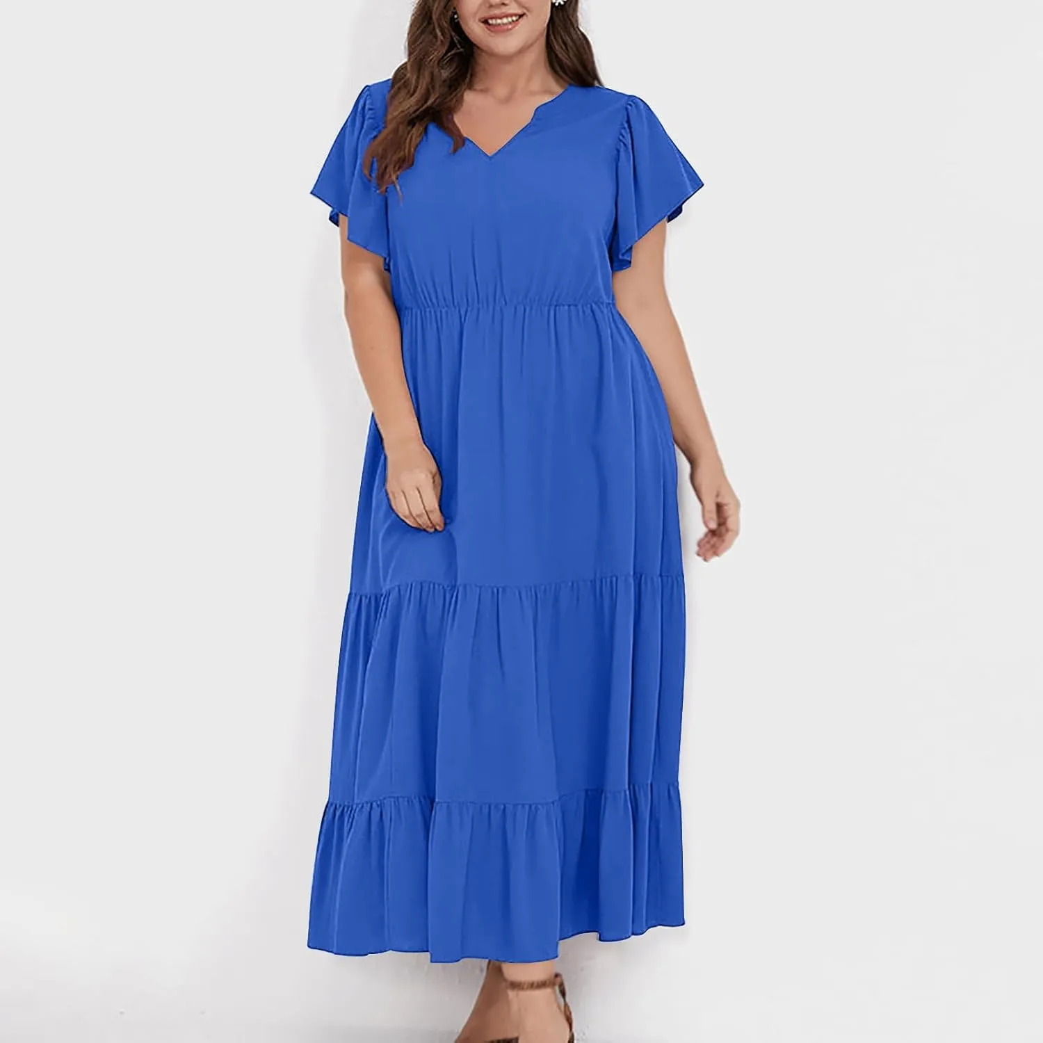 Plus Size Dresses for Women Summer V Neck Ruffle Short Sleeve Maxi Dress Summer Tummy Control Pleated Hem Sundress