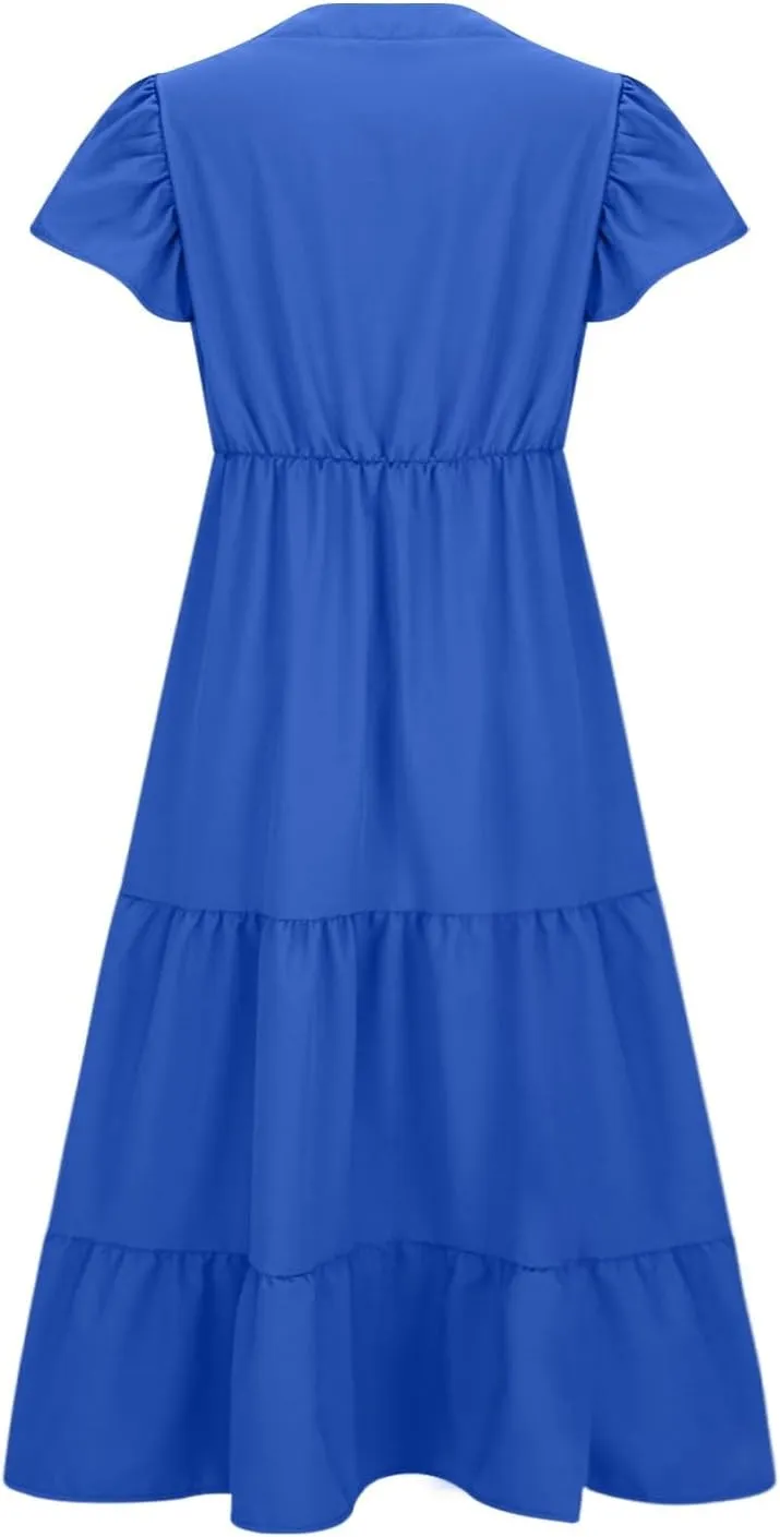 Plus Size Dresses for Women Summer V Neck Ruffle Short Sleeve Maxi Dress Summer Tummy Control Pleated Hem Sundress