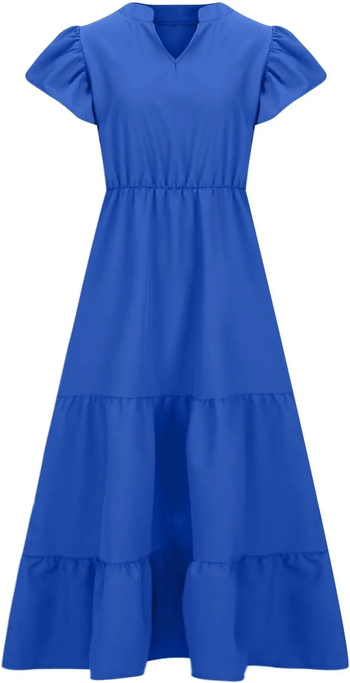 Plus Size Dresses for Women Summer V Neck Ruffle Short Sleeve Maxi Dress Summer Tummy Control Pleated Hem Sundress