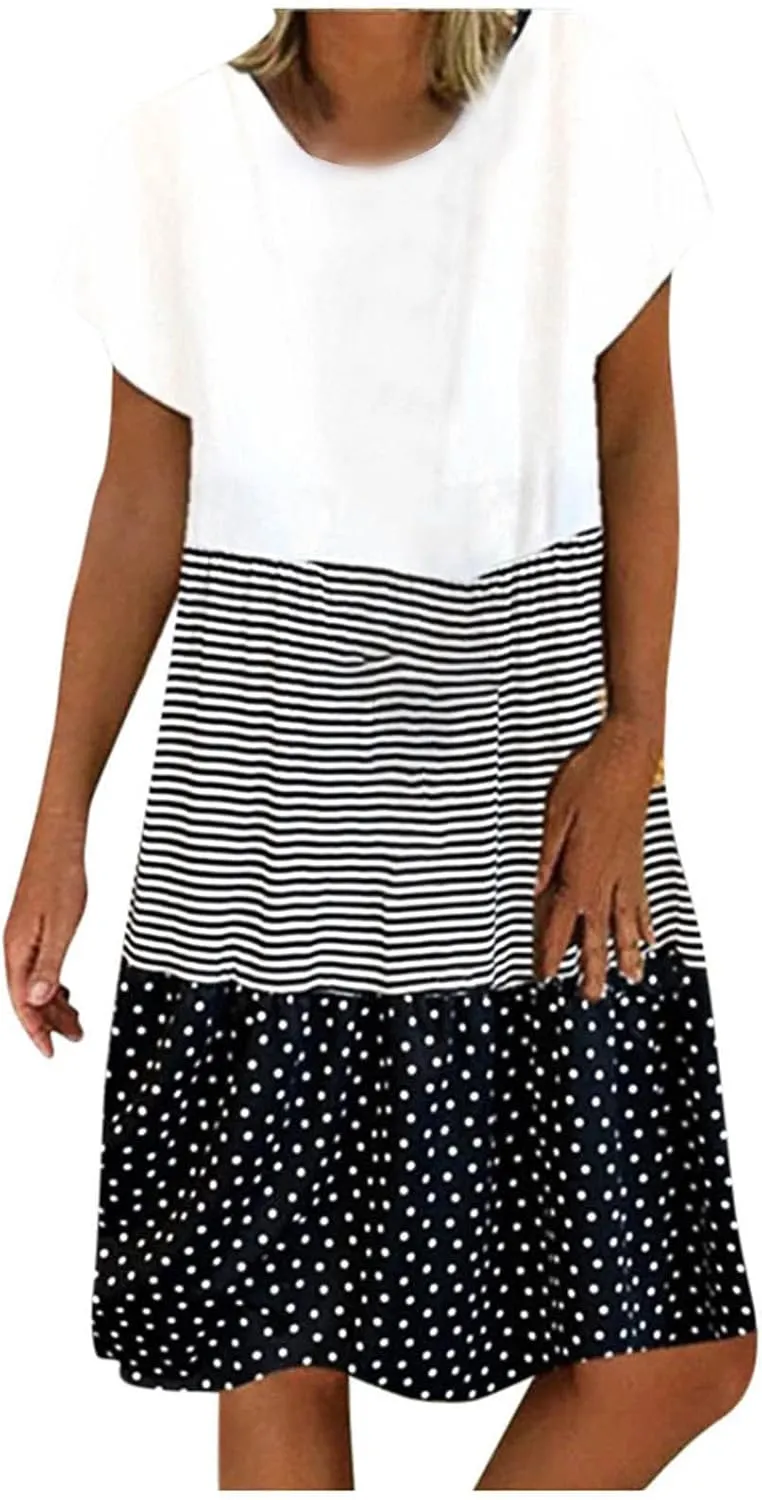 Plus Size Summer Dresses for Women 2024 Tiered Color Block Stripe Shift Dress Swing Casual Flowy Midi Sundresses