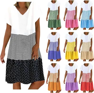 Plus Size Summer Dresses for Women 2024 Tiered Color Block Stripe Shift Dress Swing Casual Flowy Midi Sundresses