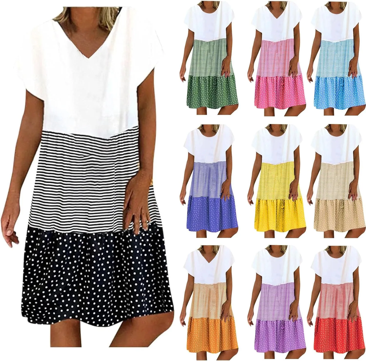 Plus Size Summer Dresses for Women 2024 Tiered Color Block Stripe Shift Dress Swing Casual Flowy Midi Sundresses