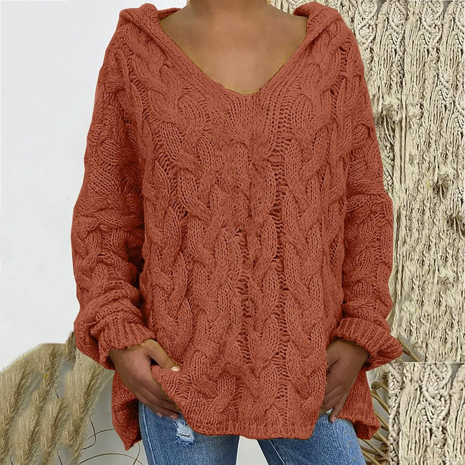 Plus Size Sweater for Women Hooded Fashion Cable Knit Sweatshirt Long Sleeve Oversized Knitwear Top Crewneck Hoodies