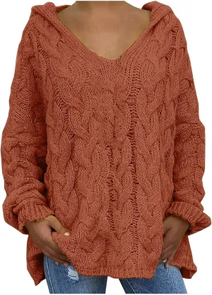 Plus Size Sweater for Women Hooded Fashion Cable Knit Sweatshirt Long Sleeve Oversized Knitwear Top Crewneck Hoodies