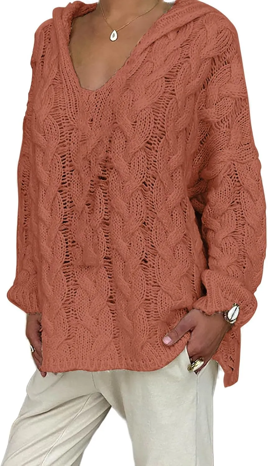 Plus Size Sweater for Women Hooded Fashion Cable Knit Sweatshirt Long Sleeve Oversized Knitwear Top Crewneck Hoodies