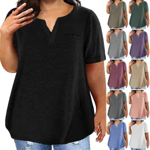 Plus Size Tops for Women Cut Vneck Short Sleeve T Shirt Oversized Solid Color Dressy Blouses with Pocket