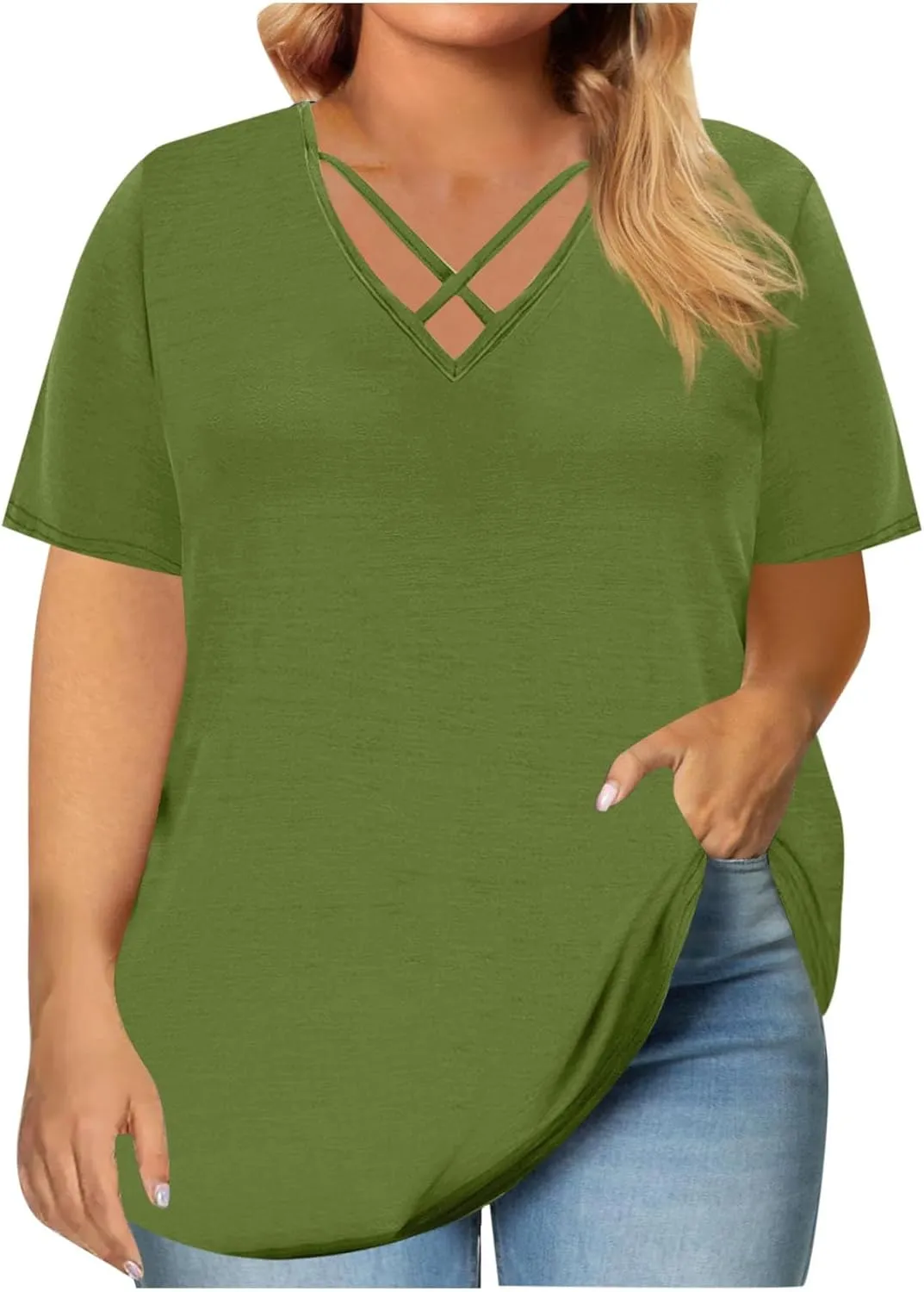 Plus Size Tops for Women Summer Short Sleeve Sexy V Neck Criss Cross T-Shirt Casual Loose Tunic Shirts Soft Solid Tee