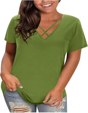 Plus Size Tops for Women Summer Short Sleeve Sexy V Neck Criss Cross T-Shirt Casual Loose Tunic Shirts Soft Solid Tee