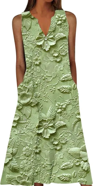 Plus Size Women's Embossed Floral Printed Midi Dresses with Pockets Loose Button V Neck Sleeveless A-Line Casual Summer Dress