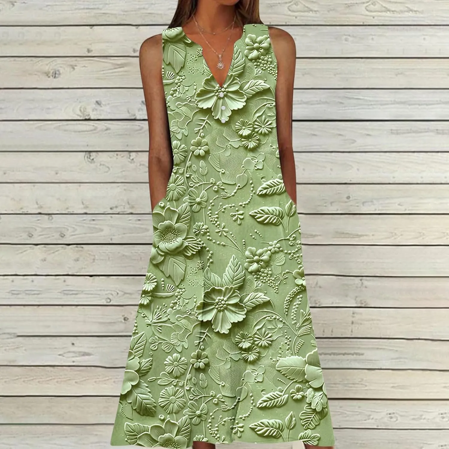 Plus Size Women's Embossed Floral Printed Midi Dresses with Pockets Loose Button V Neck Sleeveless A-Line Casual Summer Dress