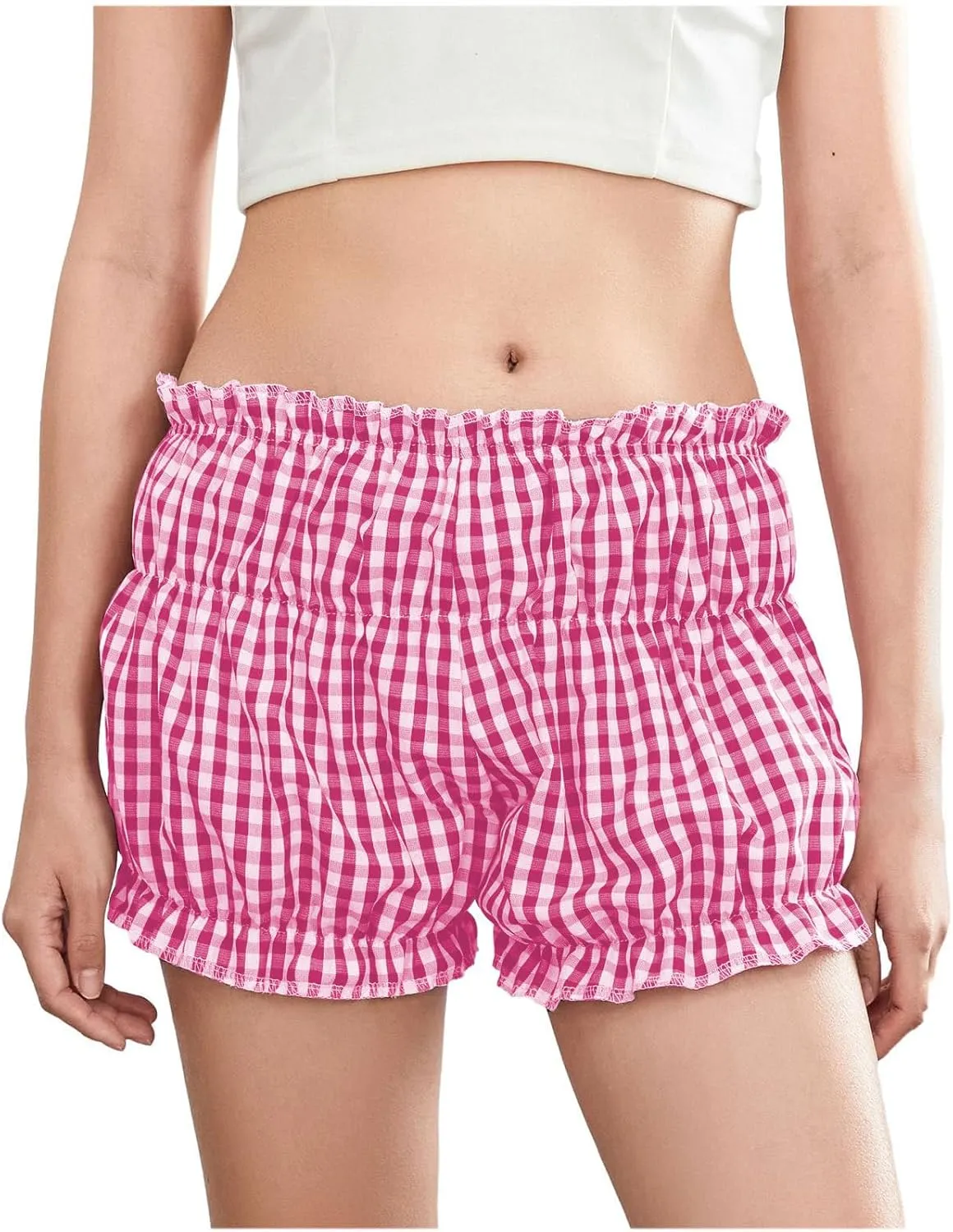 POHADON Women's Plaid Layered Ruffle Shorts Cute Lolita Shorts Mini Casual Pajama Shorts Y2k Gingham Boxer Lounge Shorts