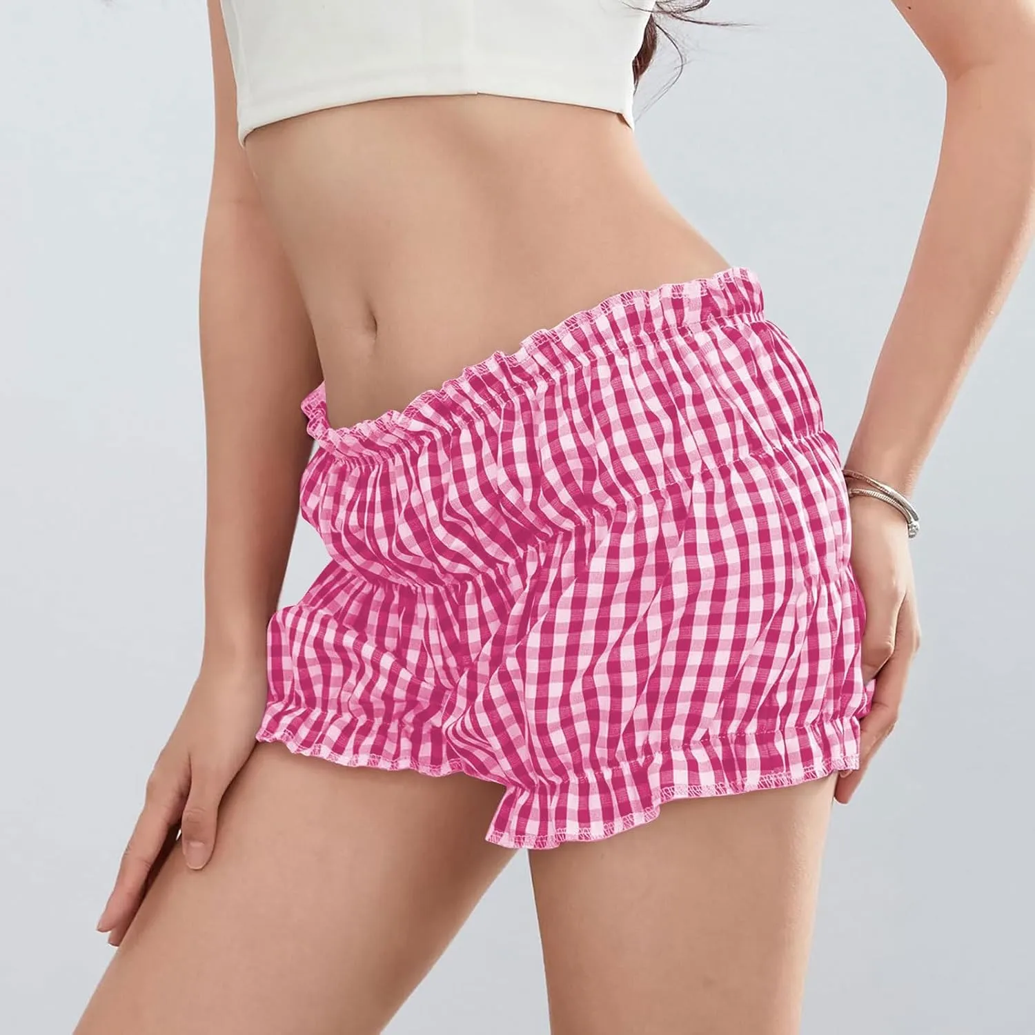 POHADON Women's Plaid Layered Ruffle Shorts Cute Lolita Shorts Mini Casual Pajama Shorts Y2k Gingham Boxer Lounge Shorts