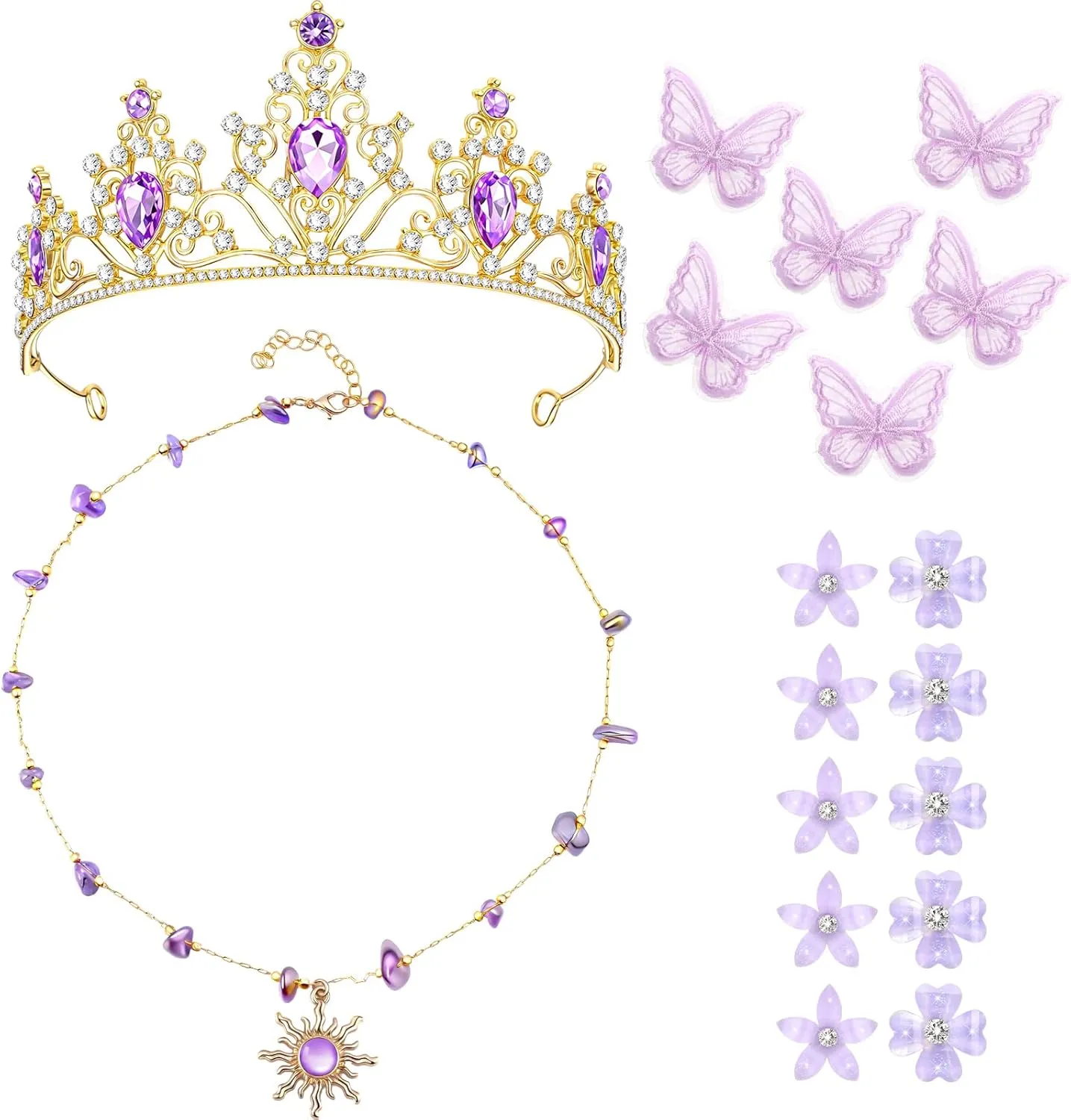 Preboun Princess Costume Accessories for Women, Purple Crystal Tiara Sun Necklace Purple Flower Hair Clips Butterfly Hairpins Princess Jewelry Kit for Halloween Cosplay Birthday Party