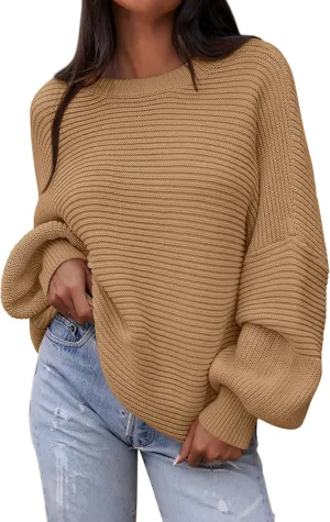 PRETTYGARDEN Womens Sweaters Fall 2025 Long Lantern Sleeve Oversized Sweater Casual Crewneck Loose Ribbed Knit Pullover Tops