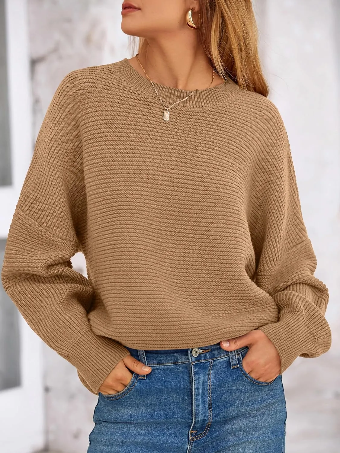 PRETTYGARDEN Womens Sweaters Fall 2025 Long Lantern Sleeve Oversized Sweater Casual Crewneck Loose Ribbed Knit Pullover Tops