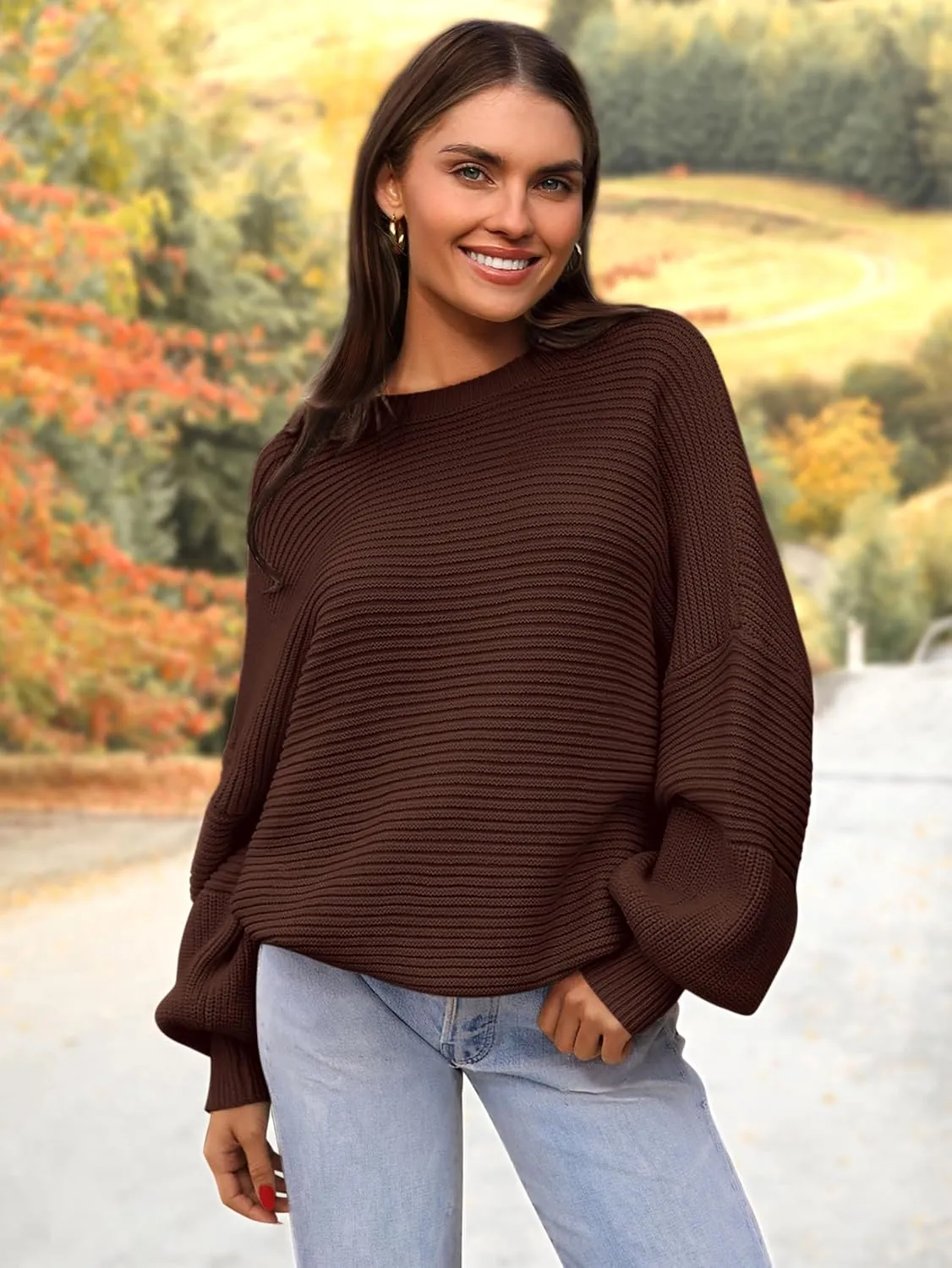 PRETTYGARDEN Womens Sweaters Fall 2025 Long Lantern Sleeve Oversized Sweater Casual Crewneck Loose Ribbed Knit Pullover Tops