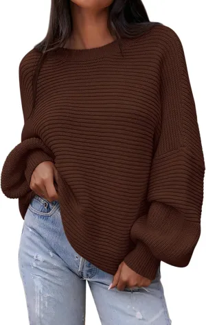 PRETTYGARDEN Womens Sweaters Fall 2025 Long Lantern Sleeve Oversized Sweater Casual Crewneck Loose Ribbed Knit Pullover Tops