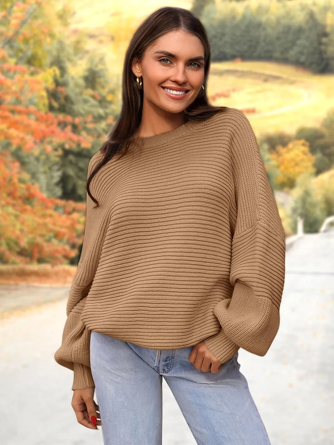 PRETTYGARDEN Womens Sweaters Fall 2025 Long Lantern Sleeve Oversized Sweater Casual Crewneck Loose Ribbed Knit Pullover Tops
