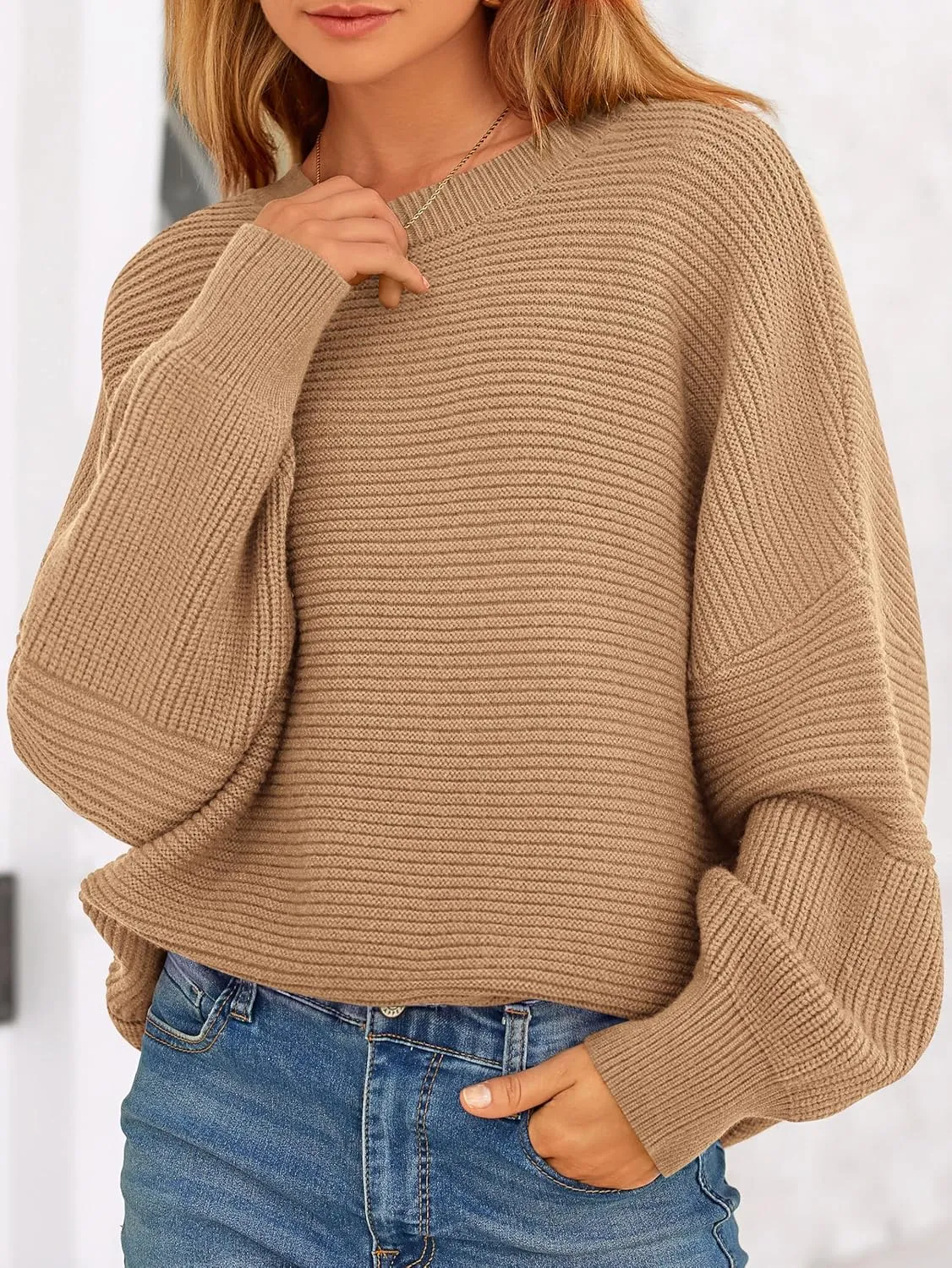 PRETTYGARDEN Womens Sweaters Fall 2025 Long Lantern Sleeve Oversized Sweater Casual Crewneck Loose Ribbed Knit Pullover Tops