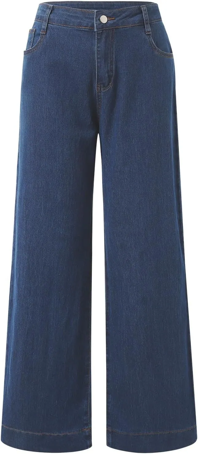 Pull on Wide Leg Jeans for Women, Trendy Straight Leg Jeans Denim Pants High Waisted Stretchy Baggy