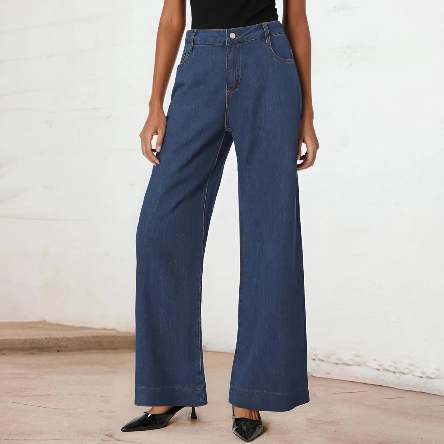 Pull on Wide Leg Jeans for Women, Trendy Straight Leg Jeans Denim Pants High Waisted Stretchy Baggy