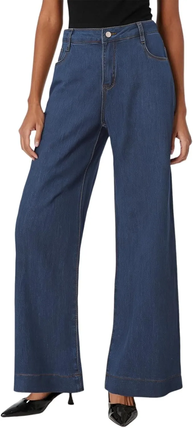 Pull on Wide Leg Jeans for Women, Trendy Straight Leg Jeans Denim Pants High Waisted Stretchy Baggy