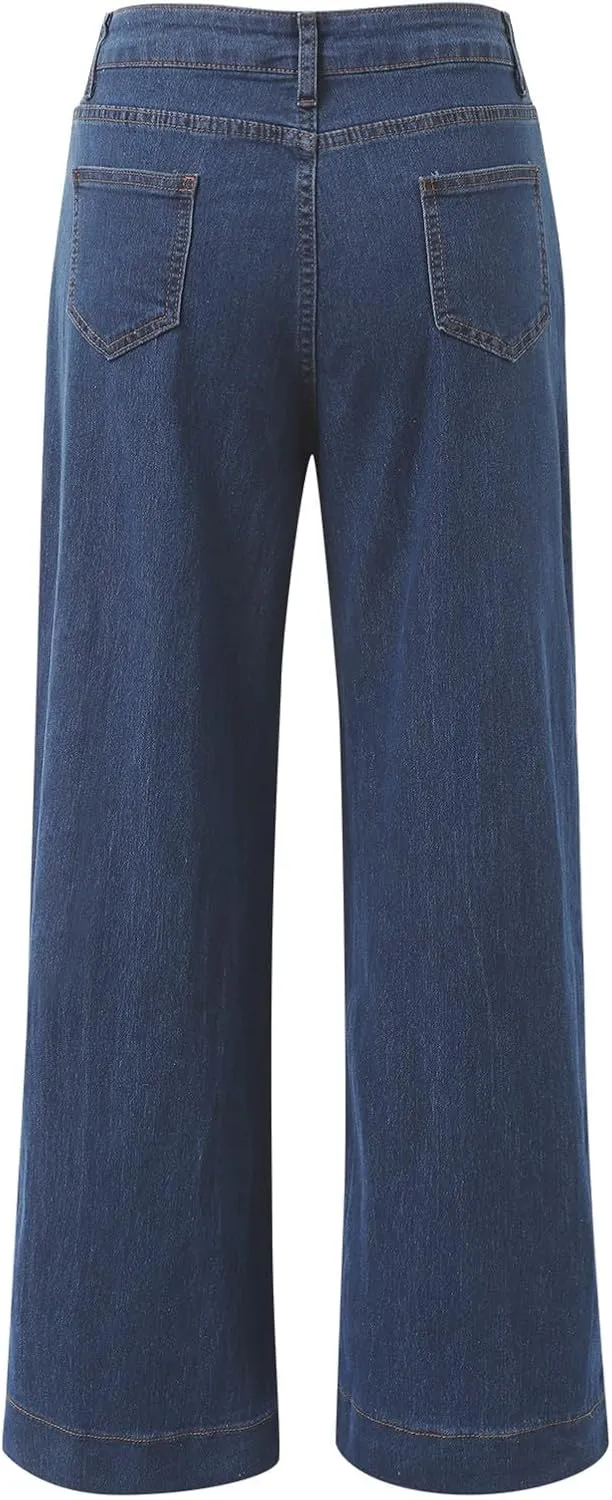 Pull on Wide Leg Jeans for Women, Trendy Straight Leg Jeans Denim Pants High Waisted Stretchy Baggy
