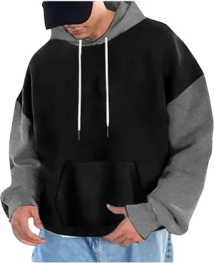 Pullover Casual Color Block Sweatshirts For Men Midweight Loose Drawstring Hooded Sweatshirt With Pocket