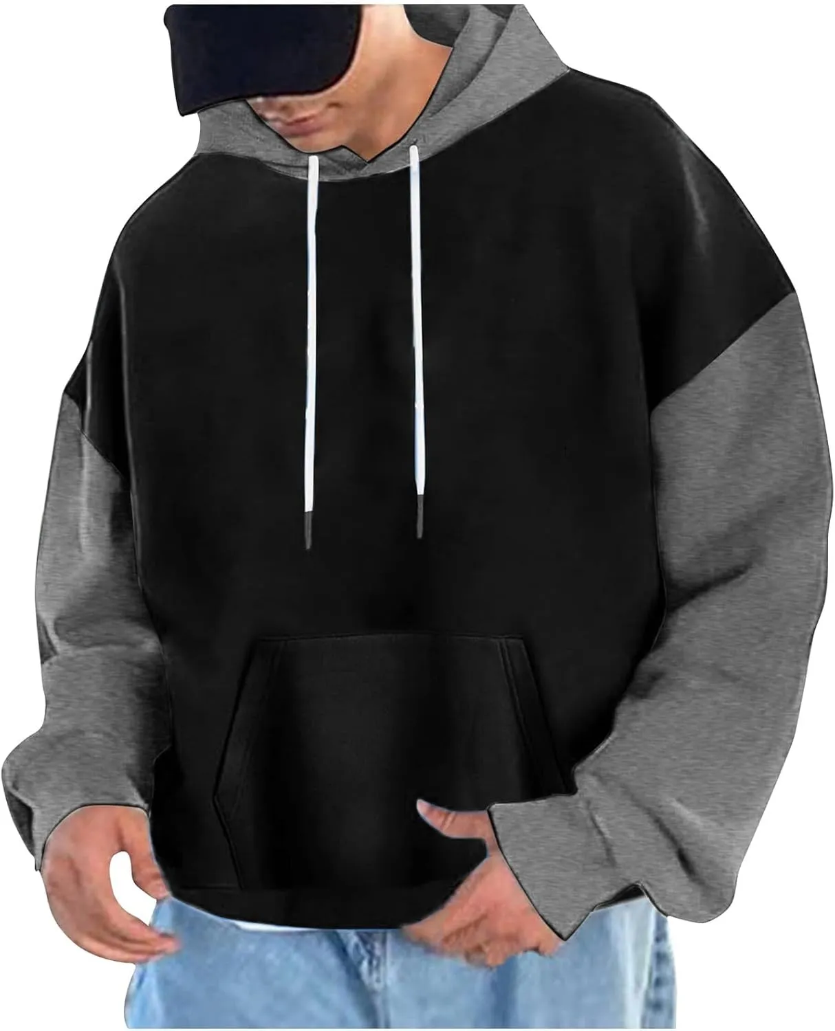 Pullover Casual Color Block Sweatshirts For Men Midweight Loose Drawstring Hooded Sweatshirt With Pocket
