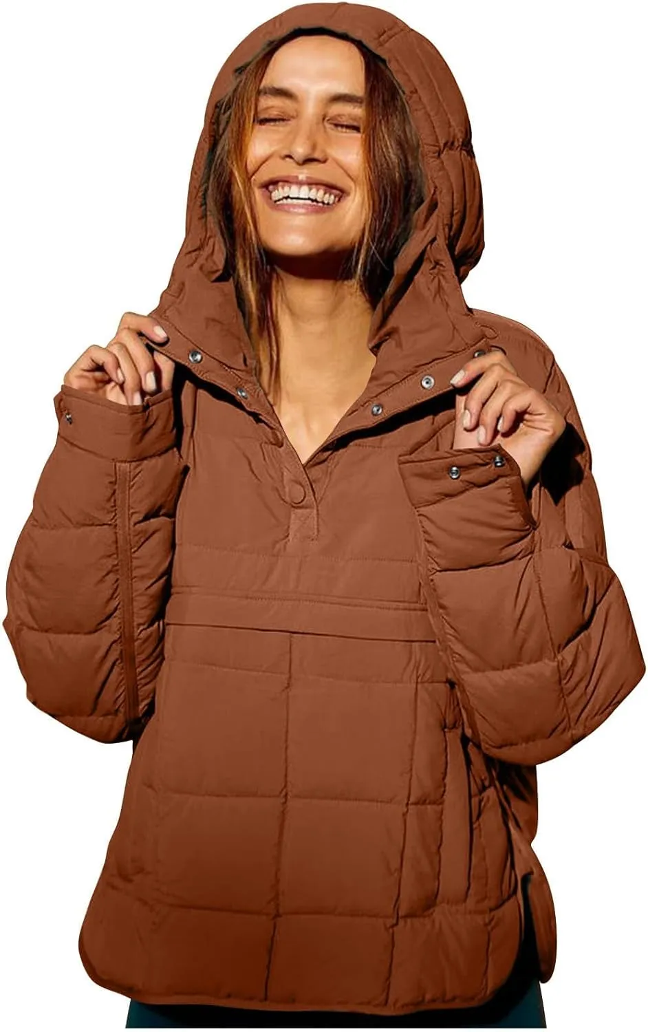 Pullover Puffer Jacket Womens Long Sleeve Oversized Quilted Hoodies Button Down Hooded Padded Coat Fall Comfy Outwear