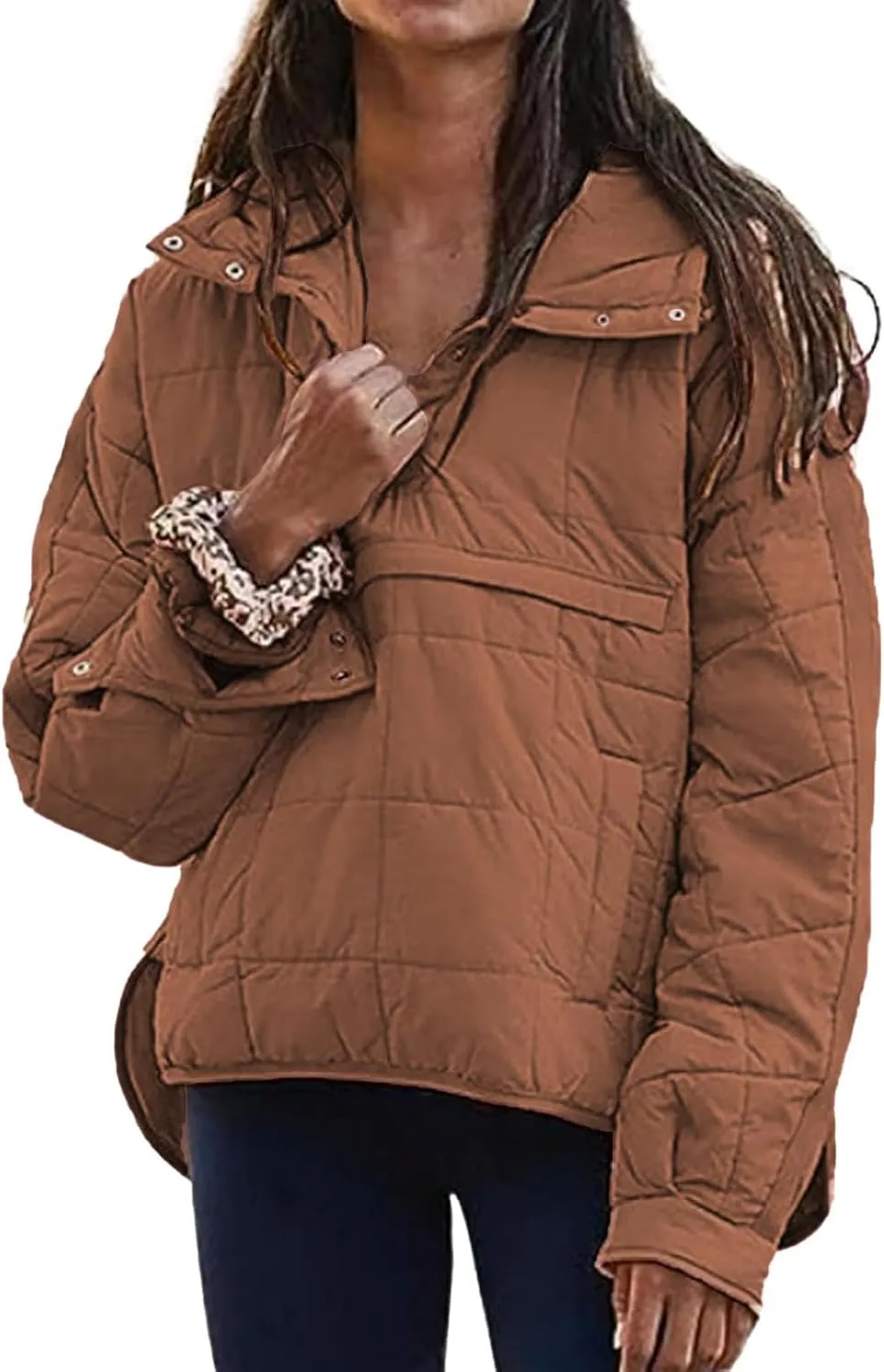 Pullover Puffer Jacket Womens Long Sleeve Oversized Quilted Hoodies Button Down Hooded Padded Coat Fall Comfy Outwear