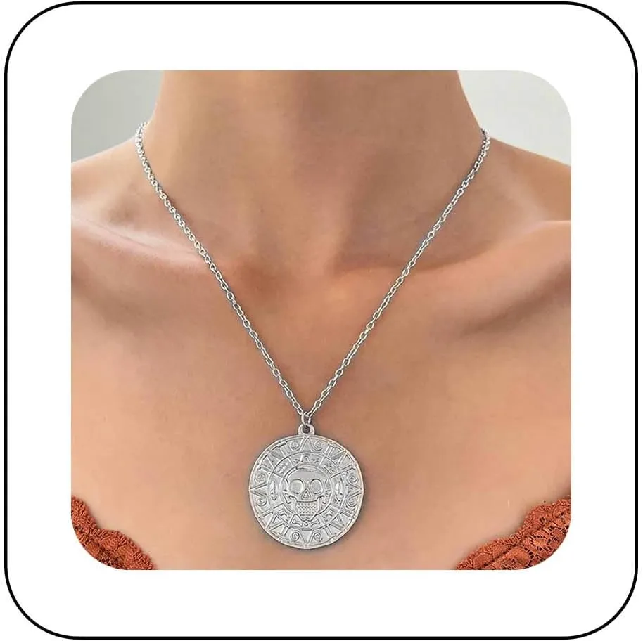 Punk Large Disc Pendent Necklace Skull Coin Necklace Pirates Of The Caribbean Necklace Gold Disc Coin Necklace Aztec Coin Medallion Necklace Jack Sparrow Necklace Jewelry for Women