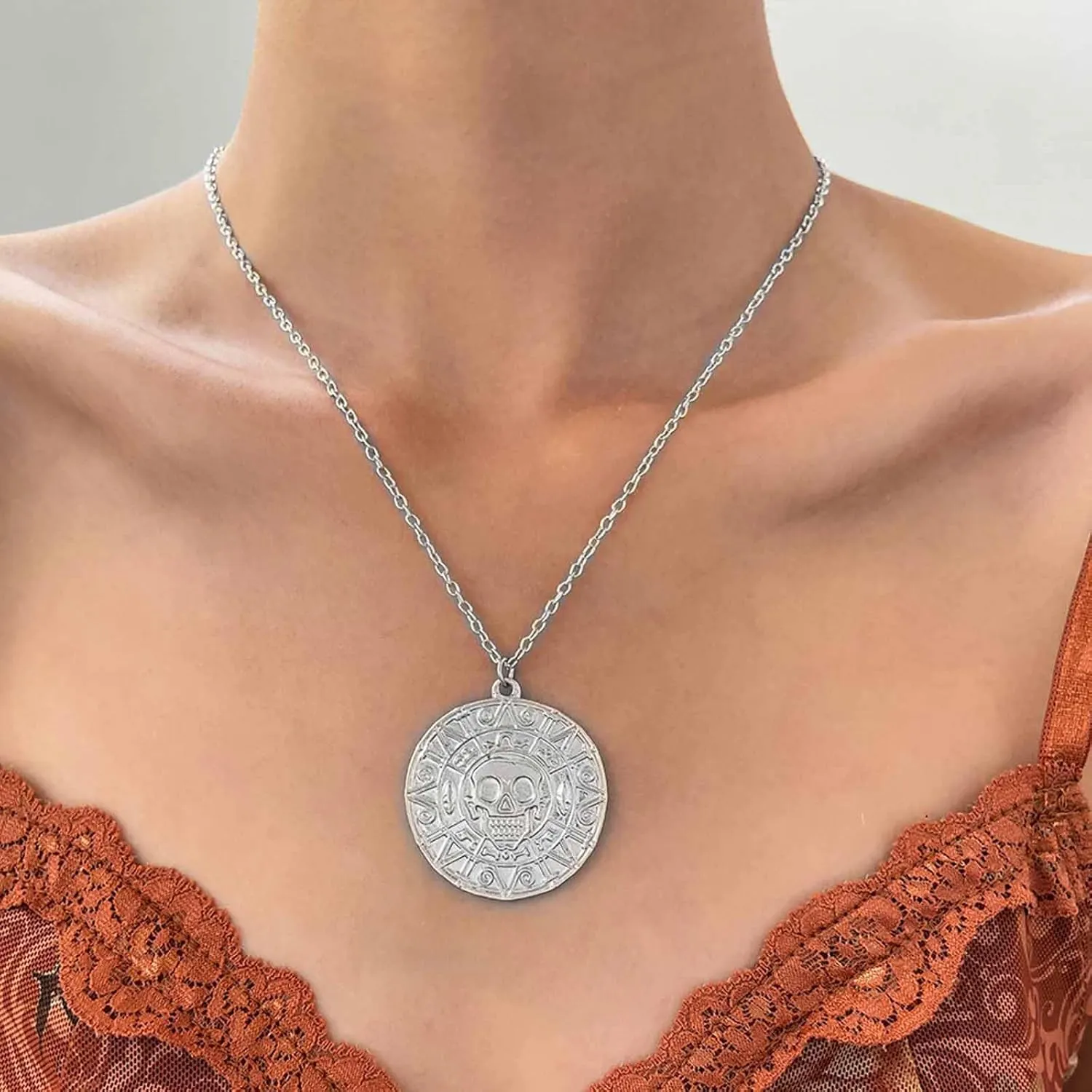Punk Large Disc Pendent Necklace Skull Coin Necklace Pirates Of The Caribbean Necklace Gold Disc Coin Necklace Aztec Coin Medallion Necklace Jack Sparrow Necklace Jewelry for Women