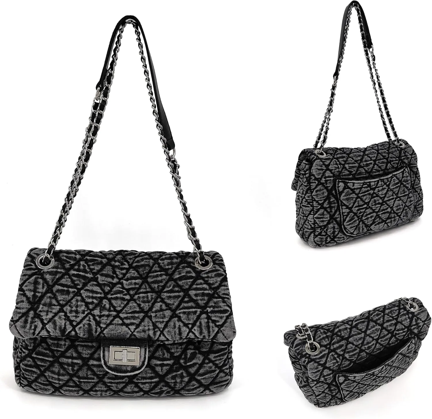Quilted Denim Purse, Shoulder Bag for Women, Crossbody Flap Tote Bag, Silver Chain Trendy Hobo Bag, Vintage Washed Jean Purse