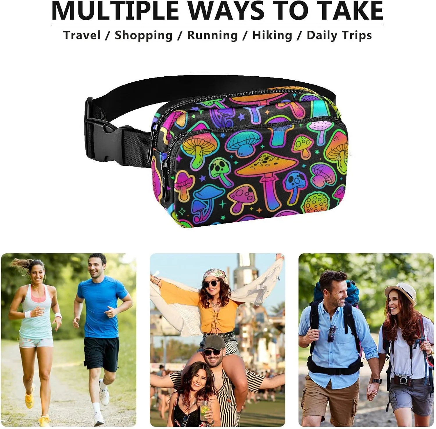 Rainbow Mushrooms Fanny Pack for Women Men Crossbody Belt Bag Fashion Waist Packs Purse with Adjustable Strap Waist Pouch for Outdoors Shopping Traveling