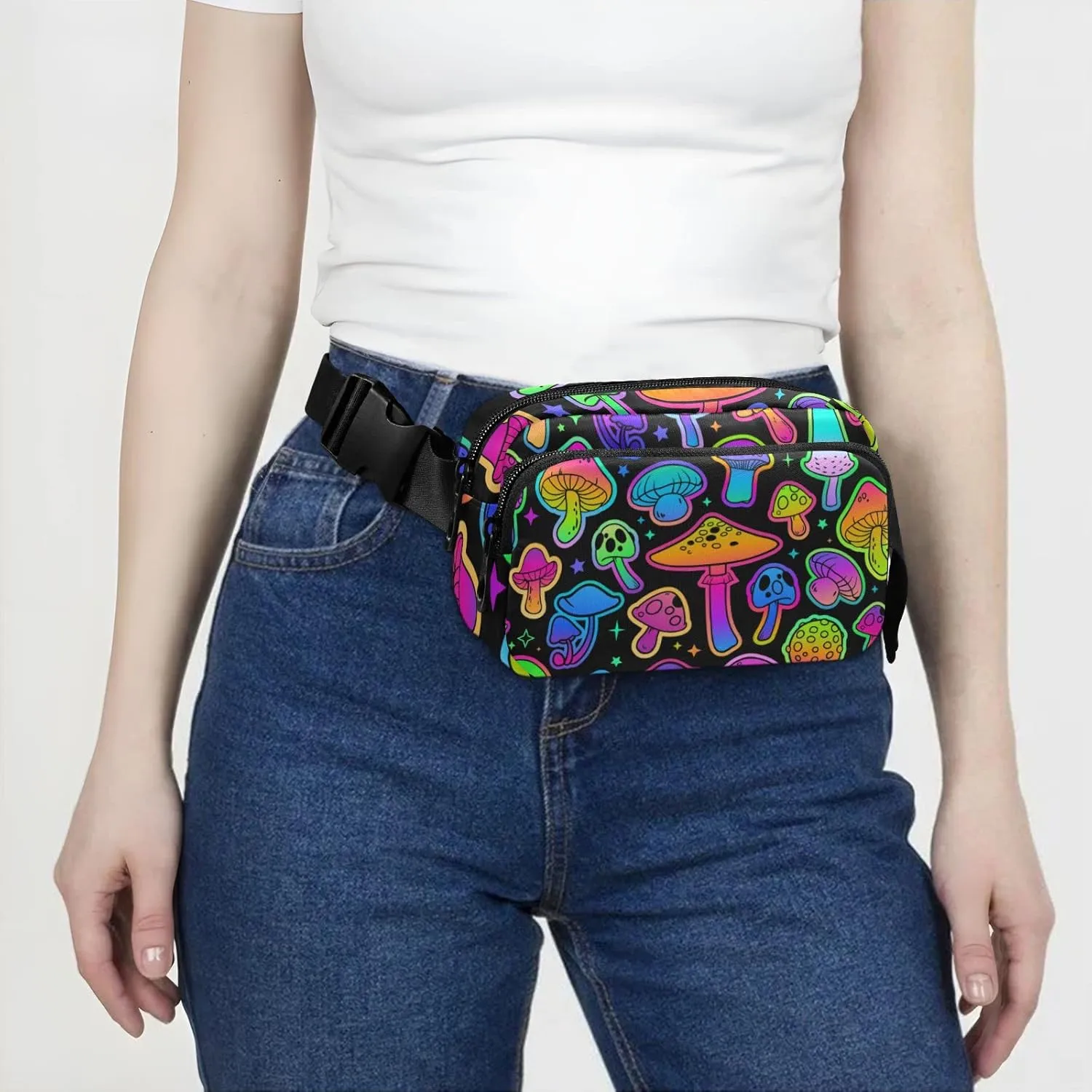 Rainbow Mushrooms Fanny Pack for Women Men Crossbody Belt Bag Fashion Waist Packs Purse with Adjustable Strap Waist Pouch for Outdoors Shopping Traveling