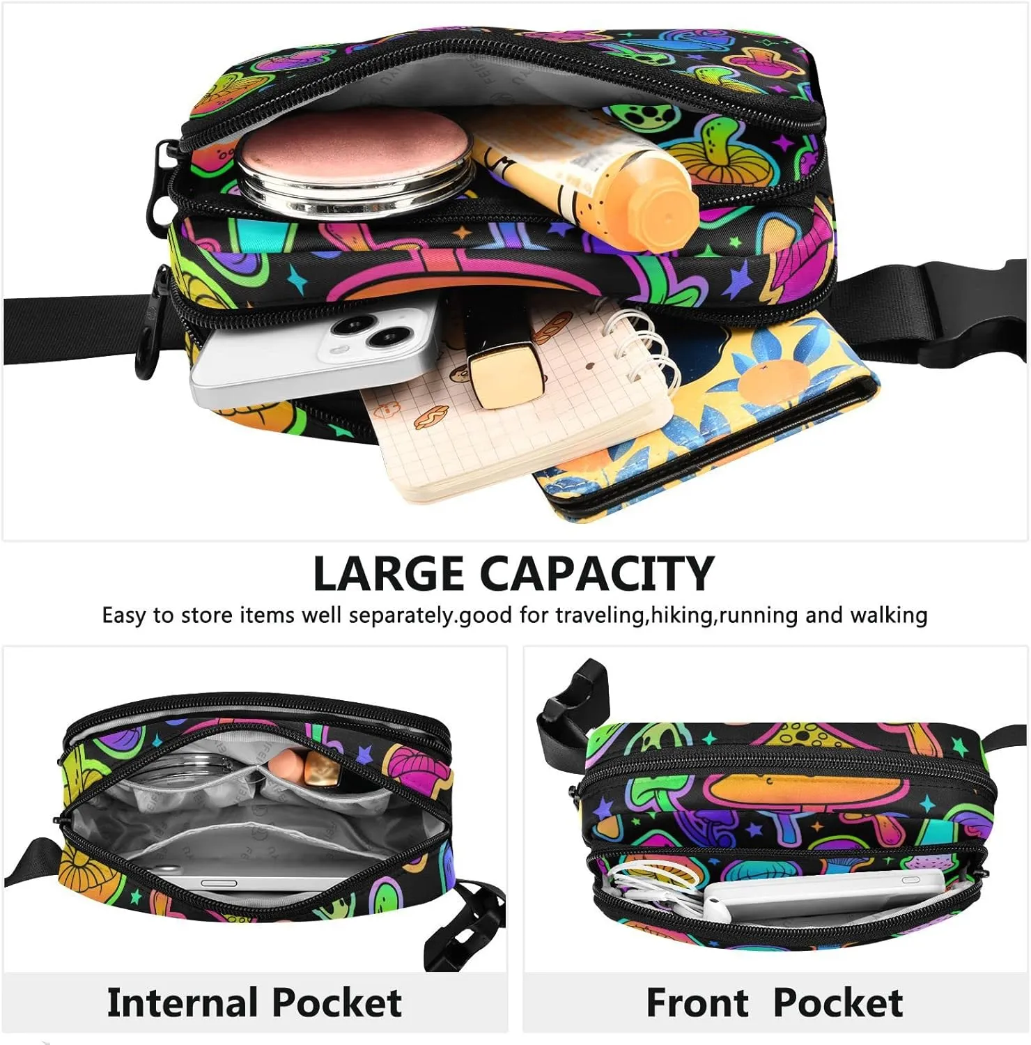 Rainbow Mushrooms Fanny Pack for Women Men Crossbody Belt Bag Fashion Waist Packs Purse with Adjustable Strap Waist Pouch for Outdoors Shopping Traveling