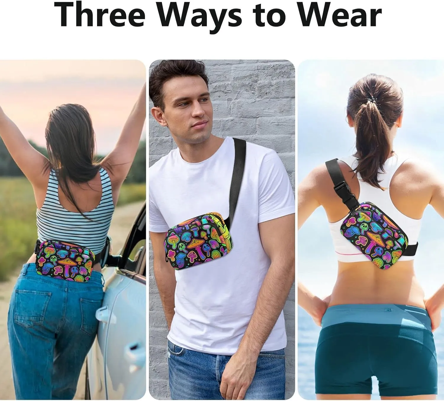 Rainbow Mushrooms Fanny Pack for Women Men Crossbody Belt Bag Fashion Waist Packs Purse with Adjustable Strap Waist Pouch for Outdoors Shopping Traveling