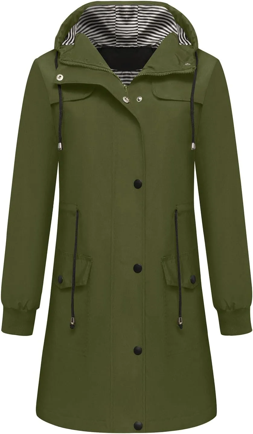 Raincoats for Women with Hood Waterproof Long Hooded Trench Coat Lined Windbreaker Travel Jacket Outdoor Raincoat Coat