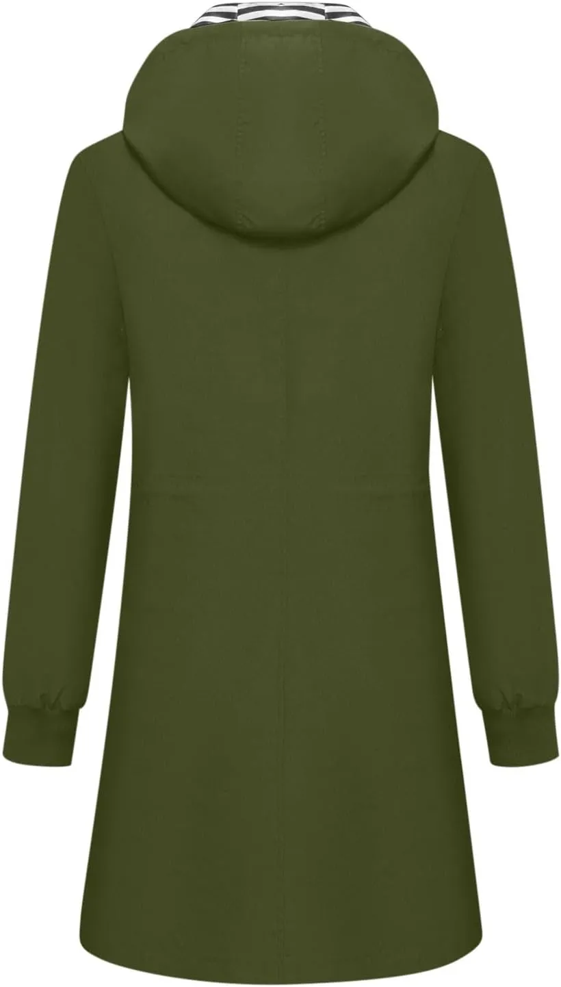 Raincoats for Women with Hood Waterproof Long Hooded Trench Coat Lined Windbreaker Travel Jacket Outdoor Raincoat Coat