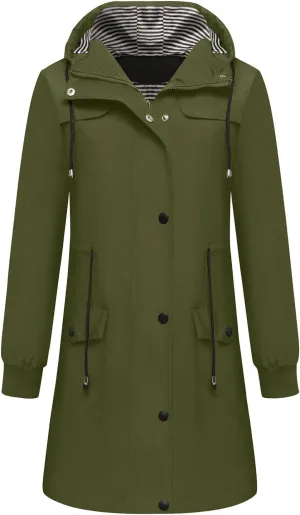 Raincoats for Women with Hood Waterproof Long Hooded Trench Coat Lined Windbreaker Travel Jacket Outdoor Raincoat Coat
