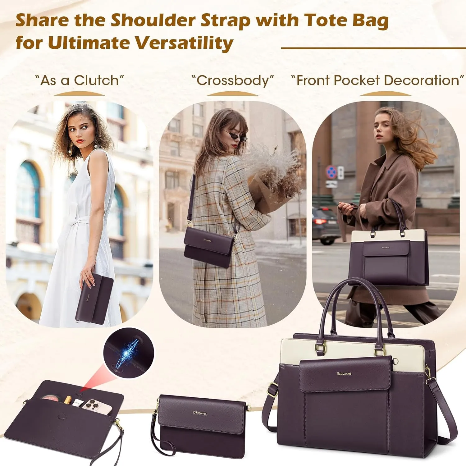 RAINSMORE Laptop Bag for Women 15.6 inch Leather Laptop Tote Bag Large Computer Bags Waterproof Business Office Work Bags Briefcase with Satchel Purse 2pcs Set, Purple