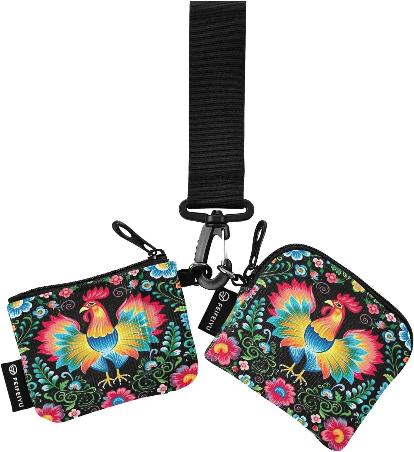 Rooster Flower Zip Around Wristlet Wallet for Women Portable Detachable Dual Pocket Keychain Wallet Wrist Wallet