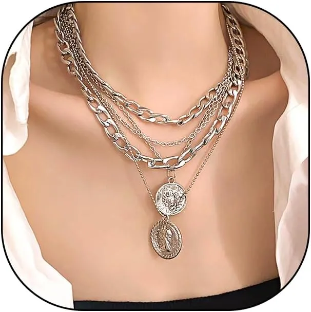 Rrdaily Gold Layered Coin Pendant Necklace Set for Women,Trendy Punk Thick Cuban Chain Stackable Choker Necklace,Unique Party Birthday Jewelry Gifts