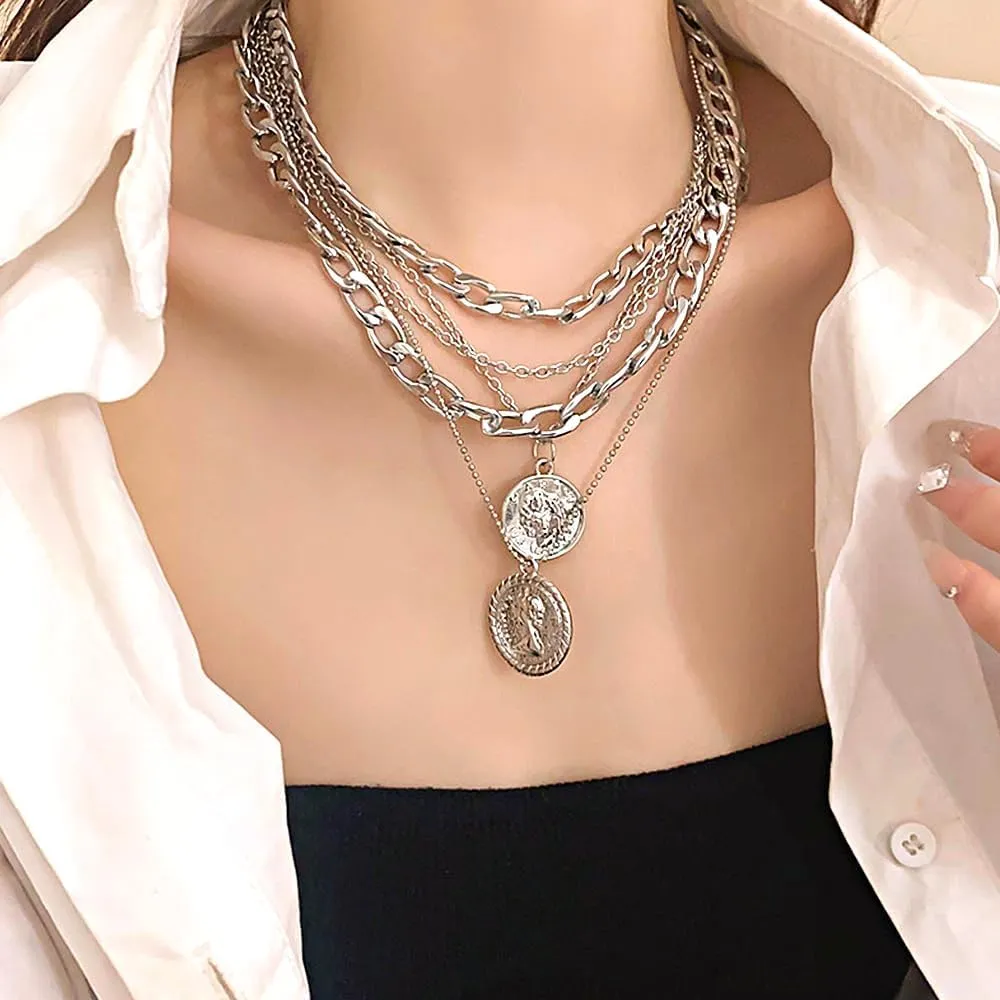 Rrdaily Gold Layered Coin Pendant Necklace Set for Women,Trendy Punk Thick Cuban Chain Stackable Choker Necklace,Unique Party Birthday Jewelry Gifts