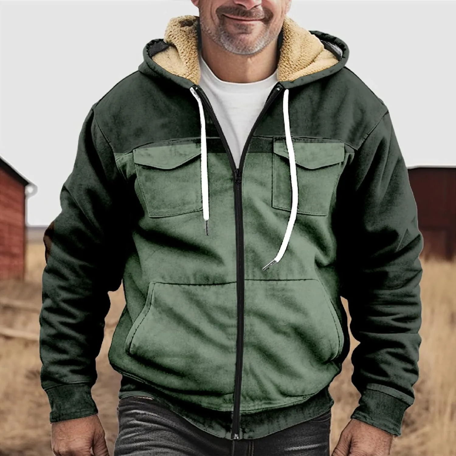 RTRDE Mens Sherpa Lined Jacket with Hood Winter Full Zip Up Hoodies Jacket Fleece Heavyweight Coats Pockets Jacket